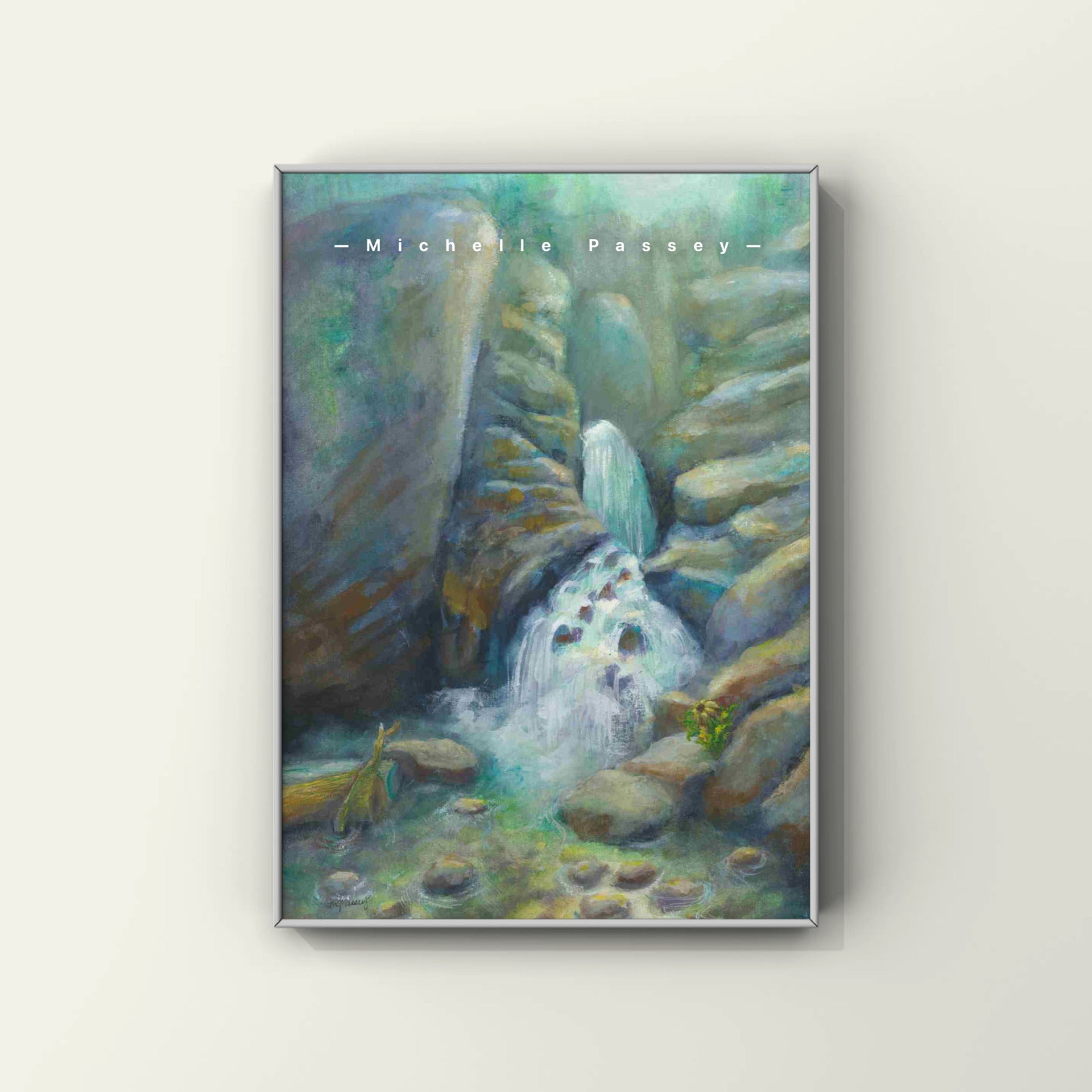 Image of A watercolor landscape painting of a waterfall.