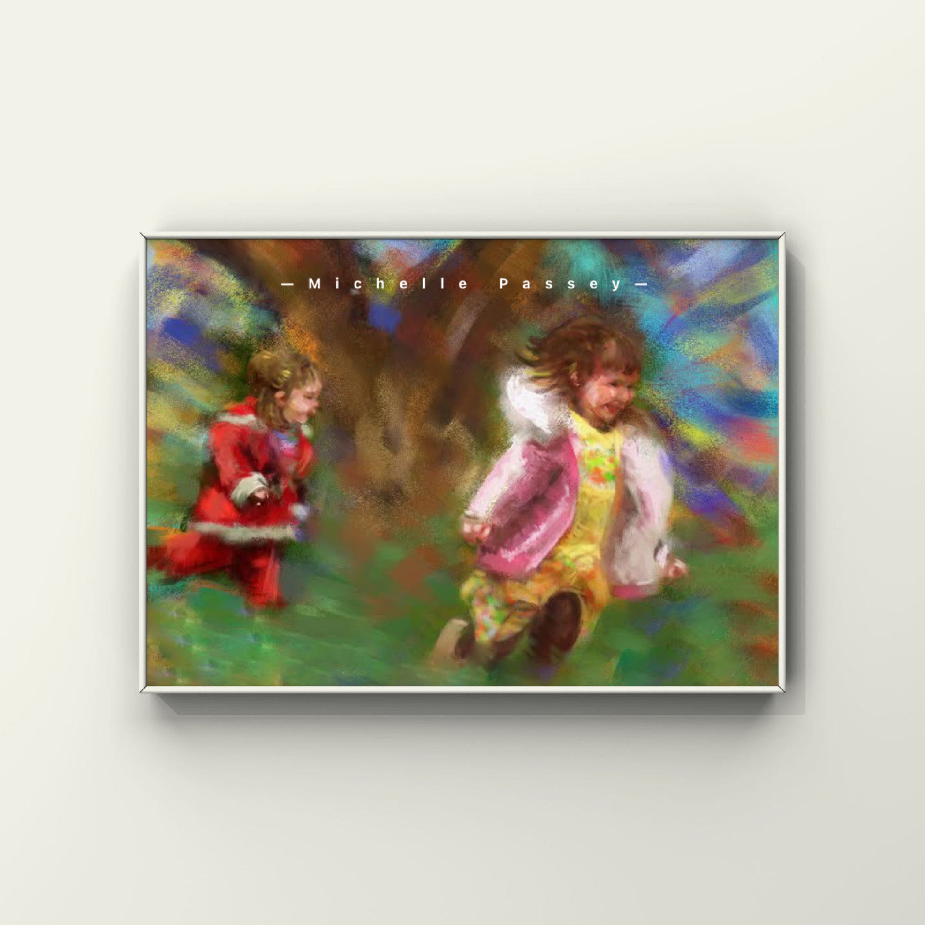 Image of Figurative painting of two children running wild and free.