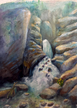 Watercolor landscape painting of a waterfall at Devil’s Punchbowl in Crested Butte, Colorado, created by artist Michelle Passey on 100% cold-pressed cotton rag.