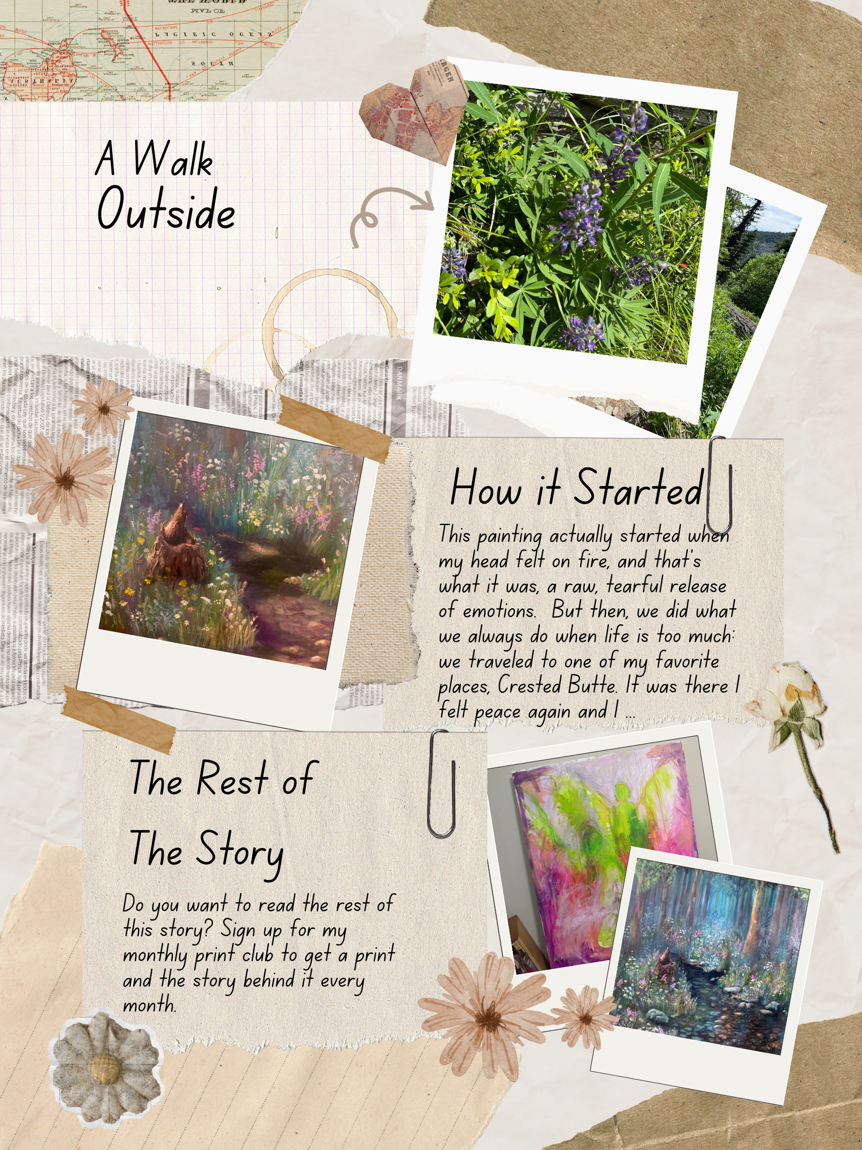 Image of Studio notes letter with photos of art prints and inspiration. Print of the Month Club - Michelle Passey Studio