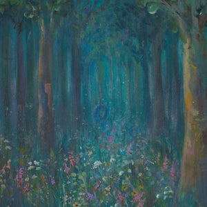 Close-up of Michelle Passey Studio's original mixed-media acrylic painting "A Step Outside" featuring glow-in-the-dark effects.