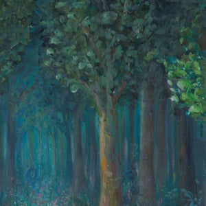 Close-up of "A Step Outside" mixed-media painting by Michelle Passey Studio, featuring glowing acrylic elements in a natural outdoor scene.