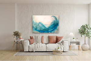 Original acrylic ink painting titled "Caught in the Current" featuring vibrant blue and white abstract water-inspired artwork.