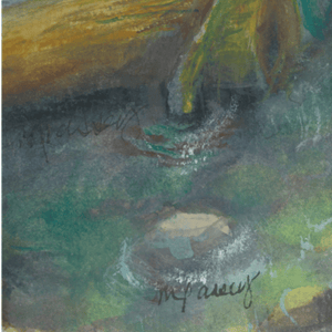 Close-up of "Where Water Flows, Life Blooms" original watercolor painting showcasing vibrant aquatic and floral details.