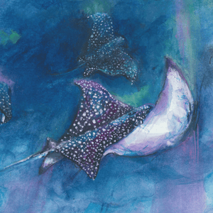 Close-up of "Dancing in the Deep" watercolor painting showing a figure dancing in ocean waves with vibrant blue and green tones.