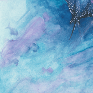 Close-up of "Dancing in the Deep" watercolor painting showing a figure dancing in ocean waves with vibrant blue and green tones.