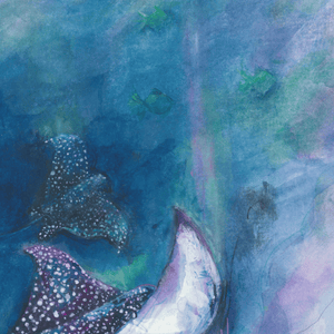 Closeup of watercolor painting titled "Dancing in the Deep," depicting a figure dancing amidst ocean waves with vibrant blue hues.