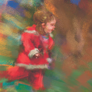 Fine art print titled "Catch Me If You Can" featuring children playing and frolicking in a colorful outdoor scene.