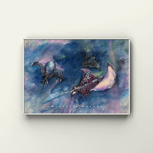 Watercolor painting of a manta ray gliding through deep blue water with soft, fluid motion.