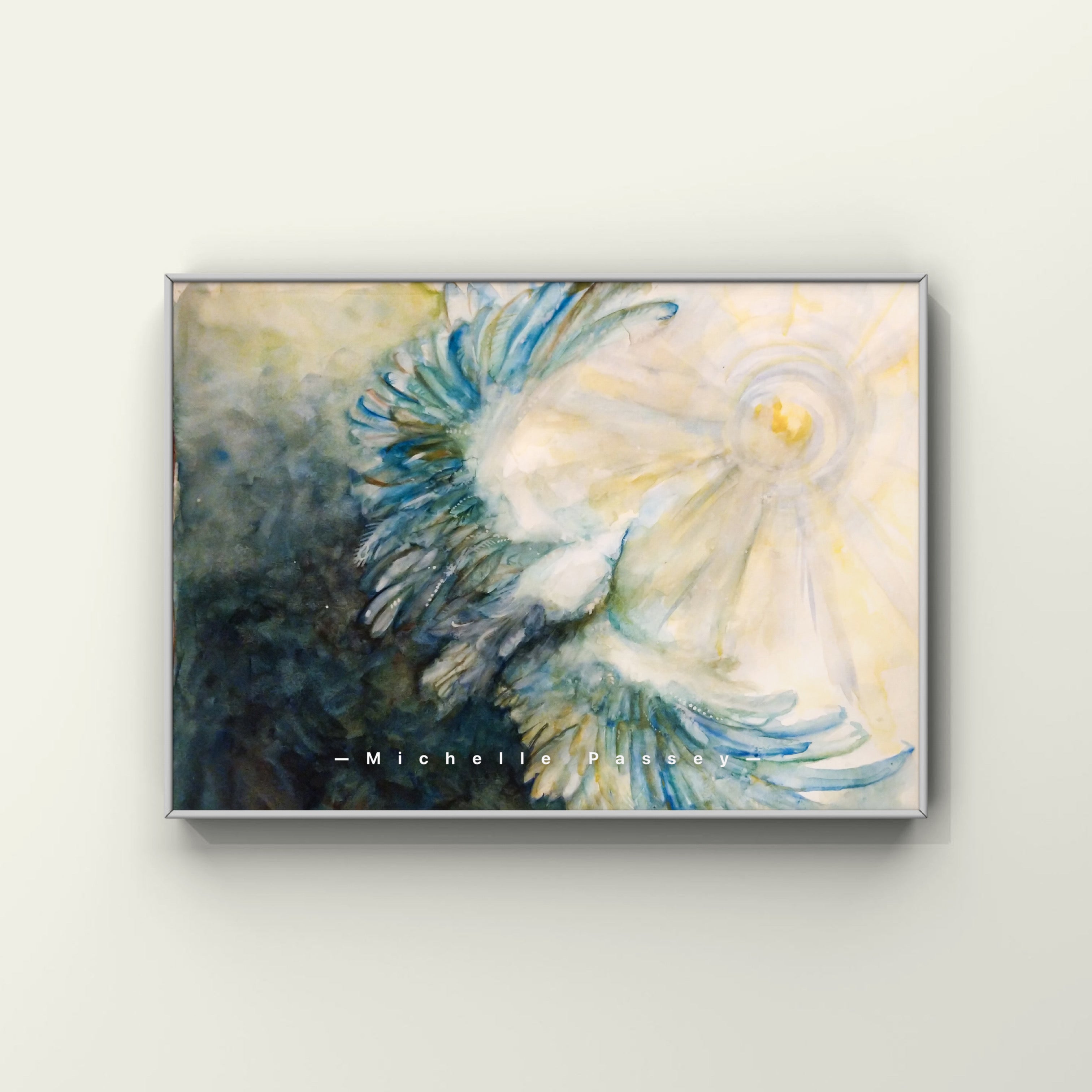 Image of Watercolor painting of two wings lifting upward into warm golden light, inspired by the Icarus myth.