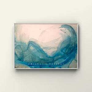 Acrylic ink painting with soft blue waves and fluid movement across white paper.