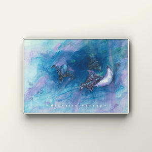 Original watercolor painting titled "Dancing in the Deep" featuring vibrant aquatic figures and flowing ocean-inspired colors.