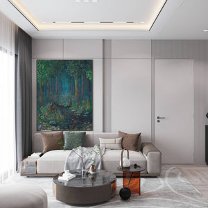 Original mixed-media painting titled "A Step Outside" by Michelle Passey Studio, displayed on a living room wall.