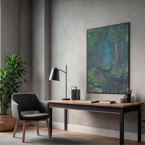 Original mixed-media painting titled "A Step Outside" by Michelle Passey Studio, displayed on an office wall in a mockup setting.