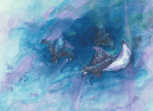 Original watercolor painting titled "Dancing in the Deep" featuring graceful rays swimming underwater.