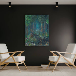 Original mixed-media painting titled "A Step Outside" by Michelle Passey Studio, displayed in a sitting room mockup setting.
