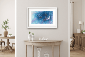 Original watercolor painting titled "Dancing in the Deep" featuring vibrant underwater figures in flowing movement.