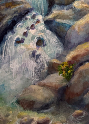 Watercolor painting of a waterfall surrounded by rocks and flowers