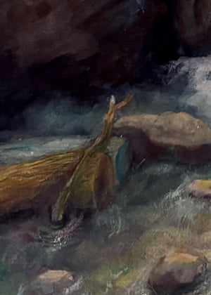 Close-up of logs and sticks at the base of the watercolor waterfall.