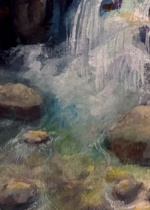 Close-up of the bottom of the waterfall painting with rocks and water flowing over them