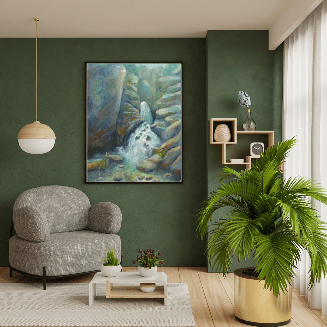 Image of Where Water Flows, Life Blooms, original contemporary expressive landscape painting of Devil's Punchbowl waterfall in Crested Butte, Colorado.